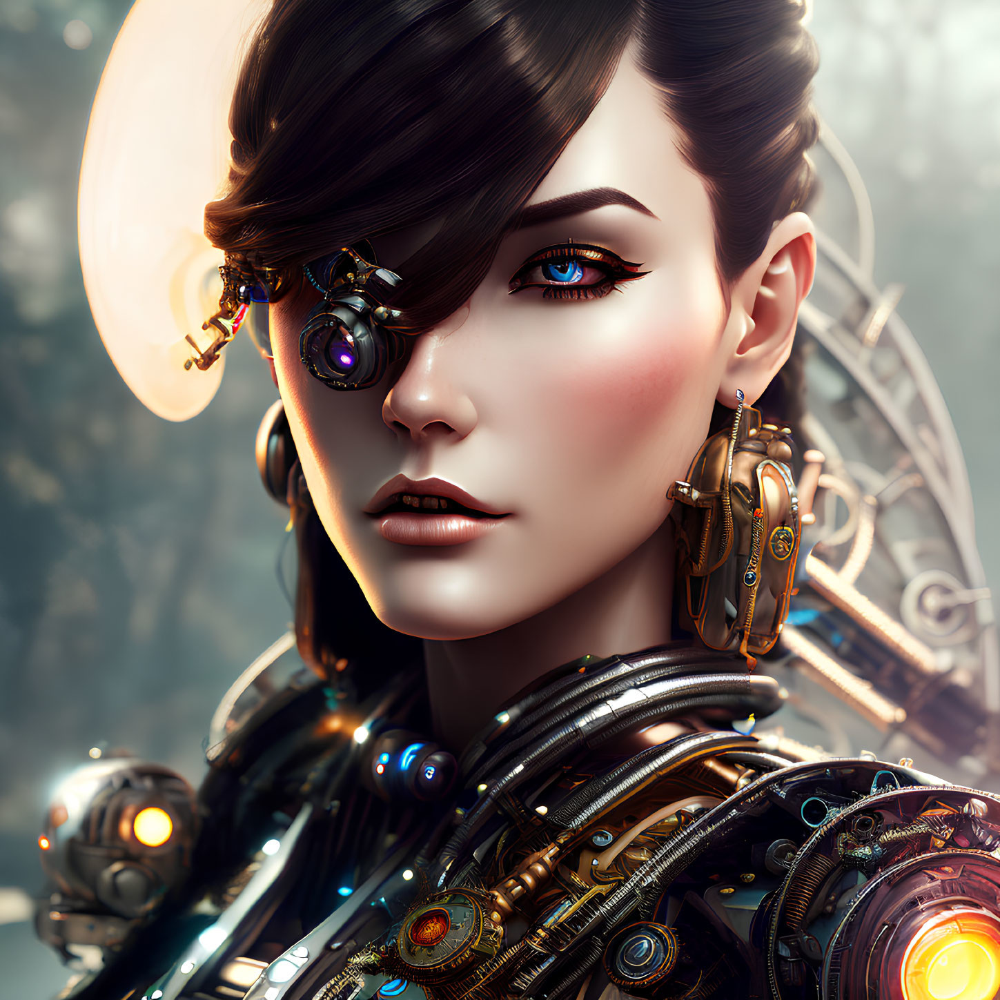 Steampunk-themed digital art of a woman in mechanical suit with monocle
