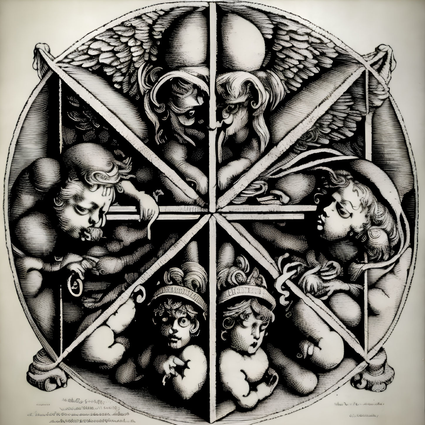 Monochrome illustration of four angels playing instruments
