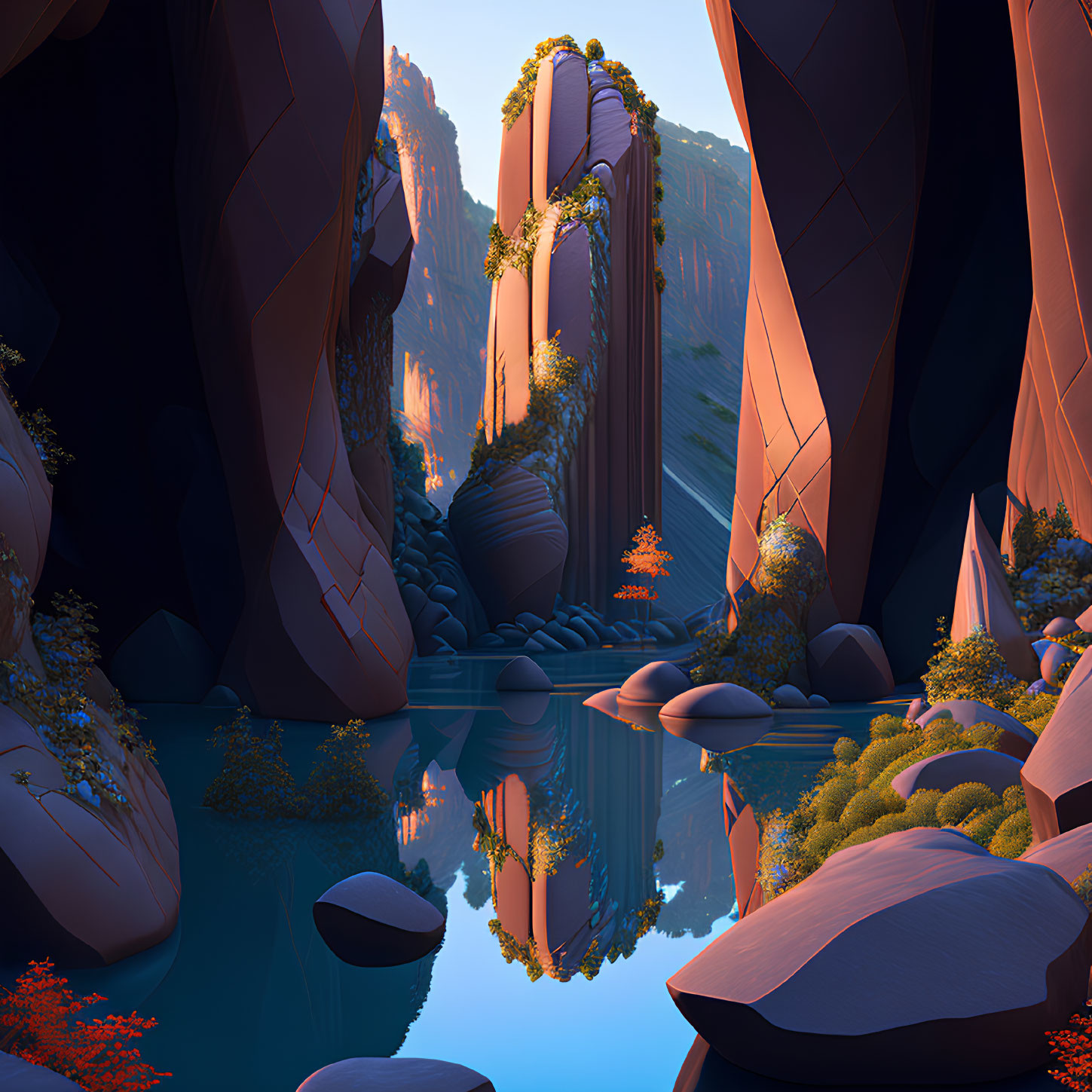 Tranquil digital artwork of serene canyon with reflective water, lush vegetation.