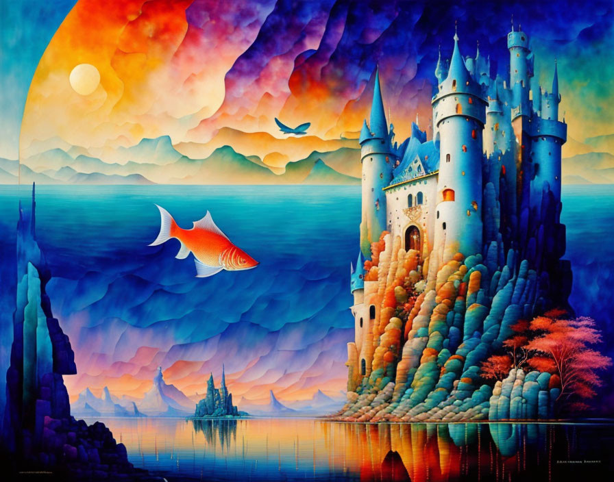 Vibrant fantasy painting: castle on cliff, fish in sky, colorful clouds, calm sea,