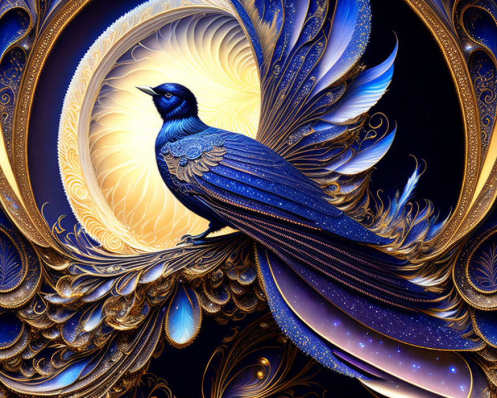 Ornate blue and gold bird in swirling starry patterns
