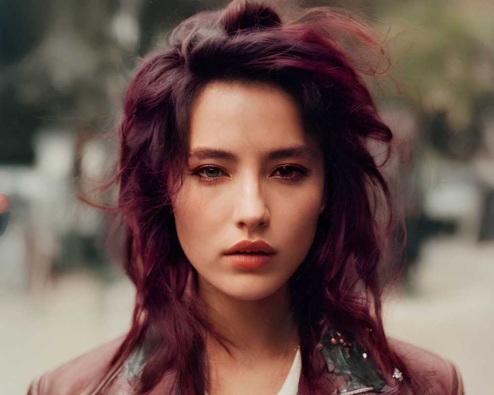 Young woman with wavy purple hair in brown leather jacket outdoors