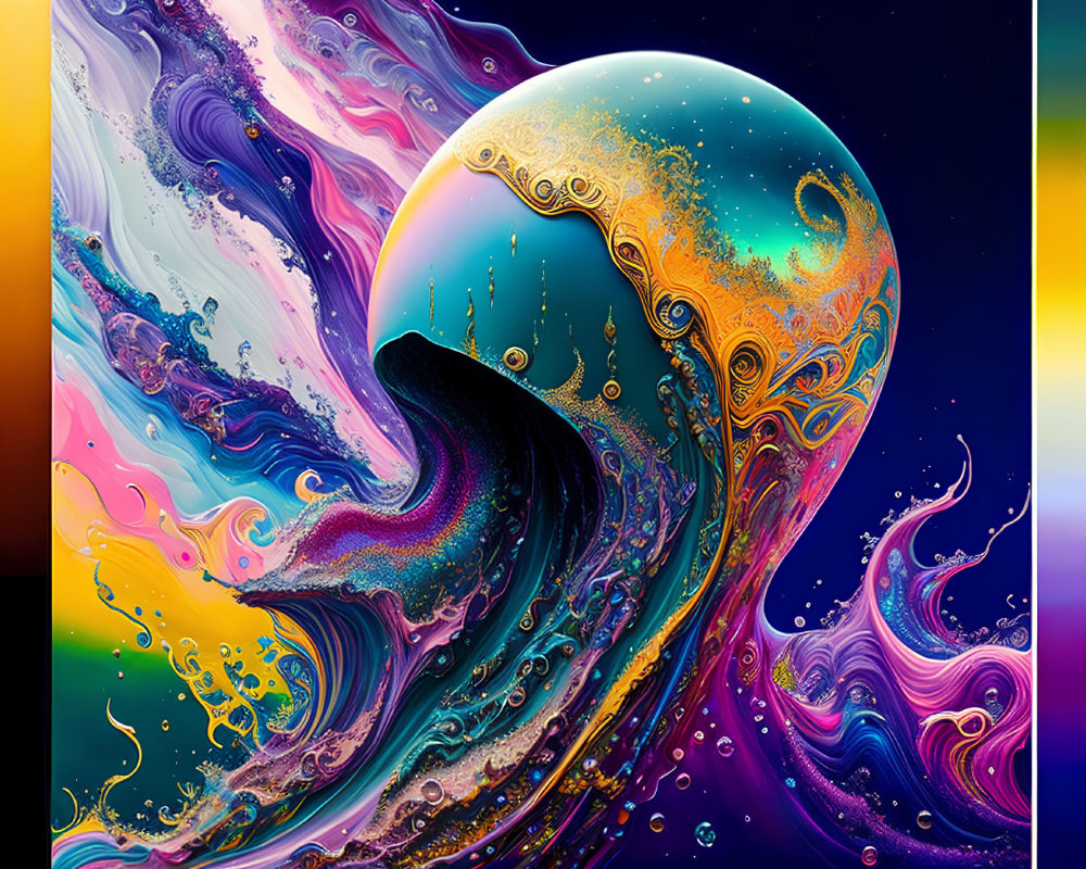 Colorful fractal wave art with iridescent hues and spherical design