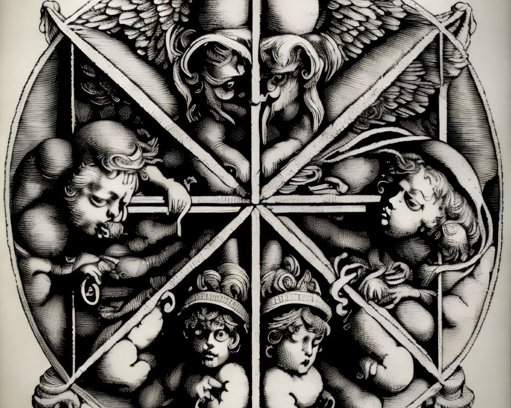 Monochrome illustration of four angels playing instruments
