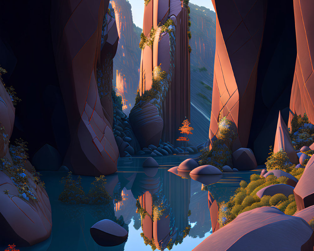 Tranquil digital artwork of serene canyon with reflective water, lush vegetation.