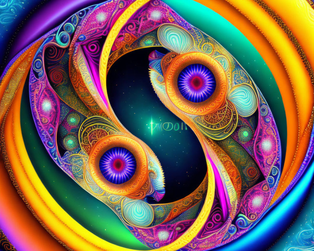 Colorful digital artwork of ornate yin-yang symbol with swirling patterns and cosmic backdrop