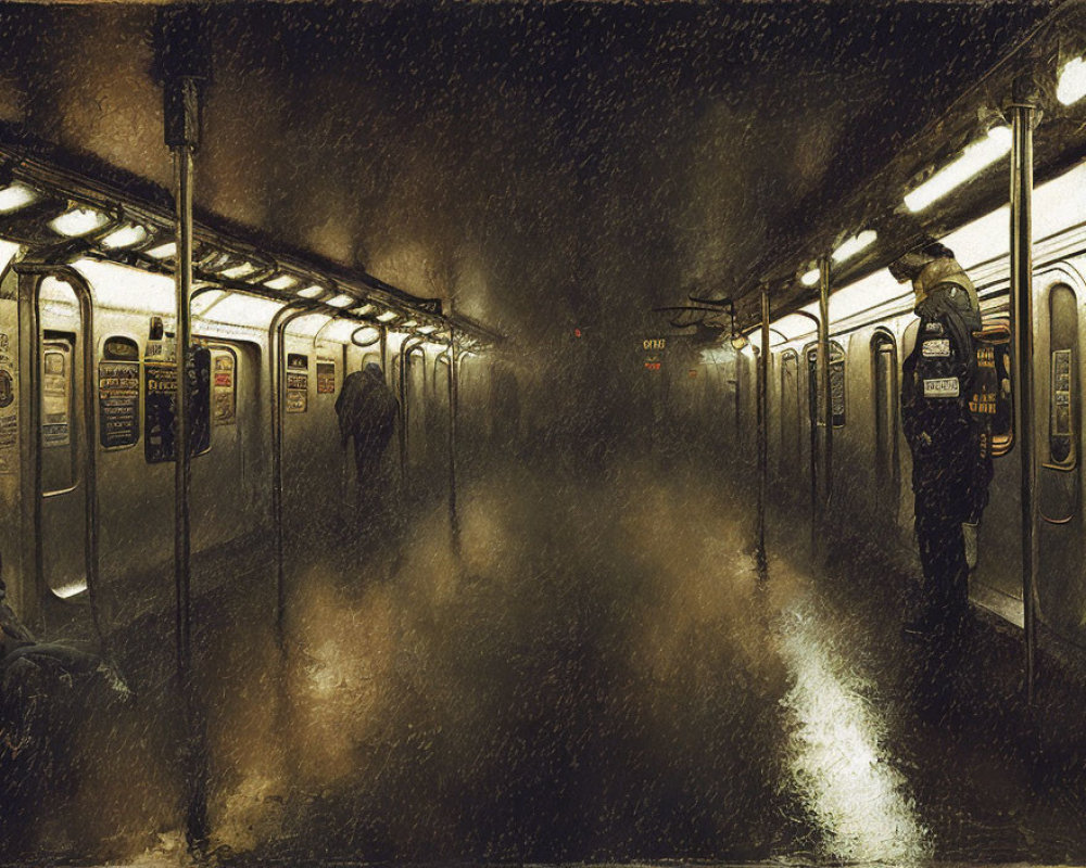 Stylized dimly lit subway station with train and people.