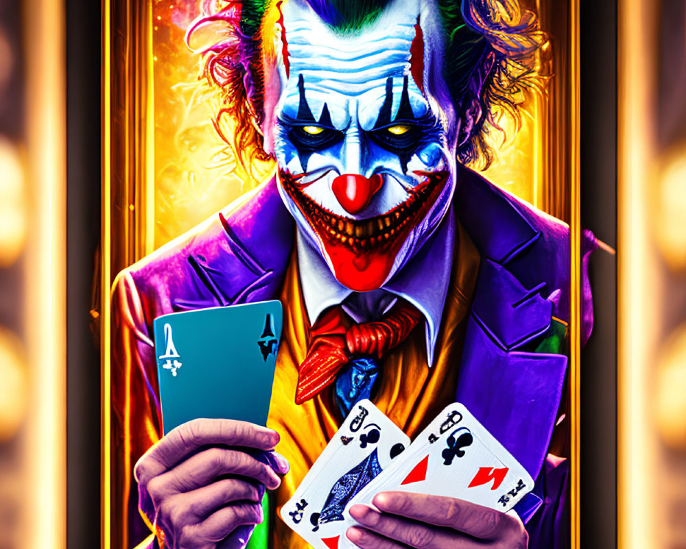 Colorful Clown Character with Green Hair and Playing Cards under Theater Lights