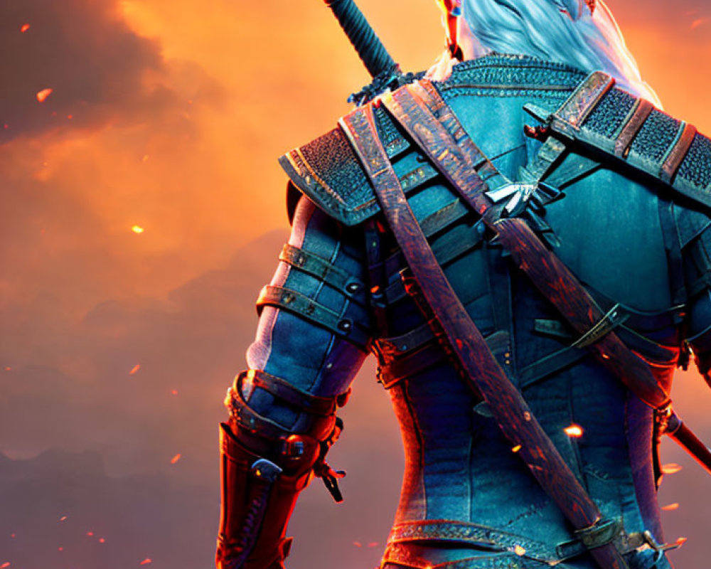 White-Haired Warrior with Sword in Fiery Background