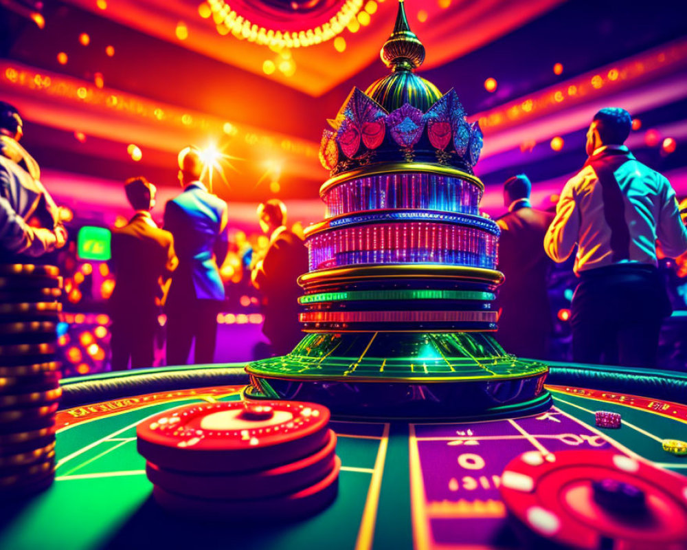 Colorful roulette table in vibrant casino scene with silhouetted figures under bright lights