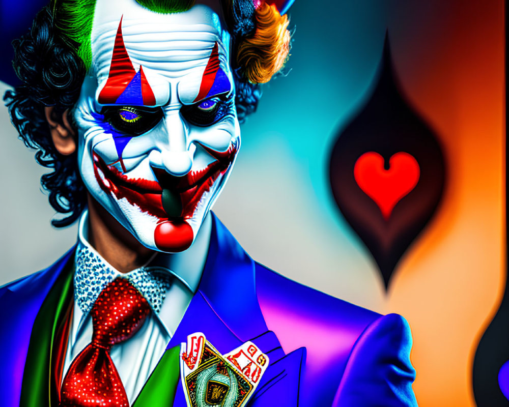 Colorful Joker Character with Clown Nose and Green Hair in Playing Card Suit