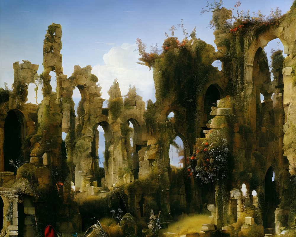 Ancient ruins painting with overgrown vegetation and figures