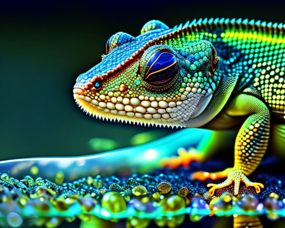 Detailed Close-Up Image of Vibrant Gecko on Branch with Bokeh Effect