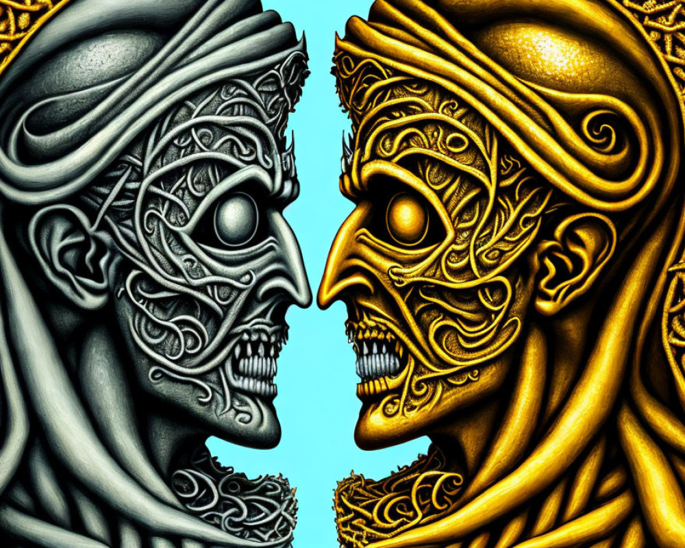 Symmetrical Silver and Gold Toned Faces with Mechanical Features