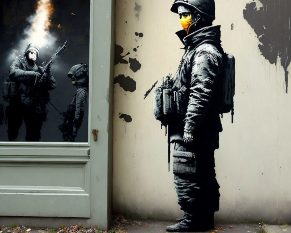 Realistic soldier mural with reflective visor and squad scene in flames