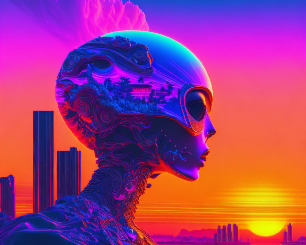 Digital artwork: humanoid robot head with tree brain in neon cityscape