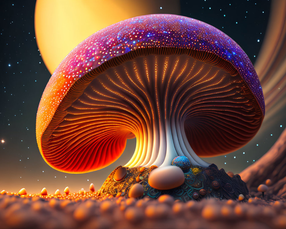 Colorful Mushroom with Starry Cap in Celestial Setting