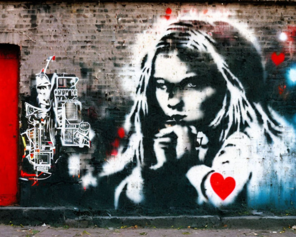 Mural featuring girl with secretive gesture and robot holding heart on brick wall