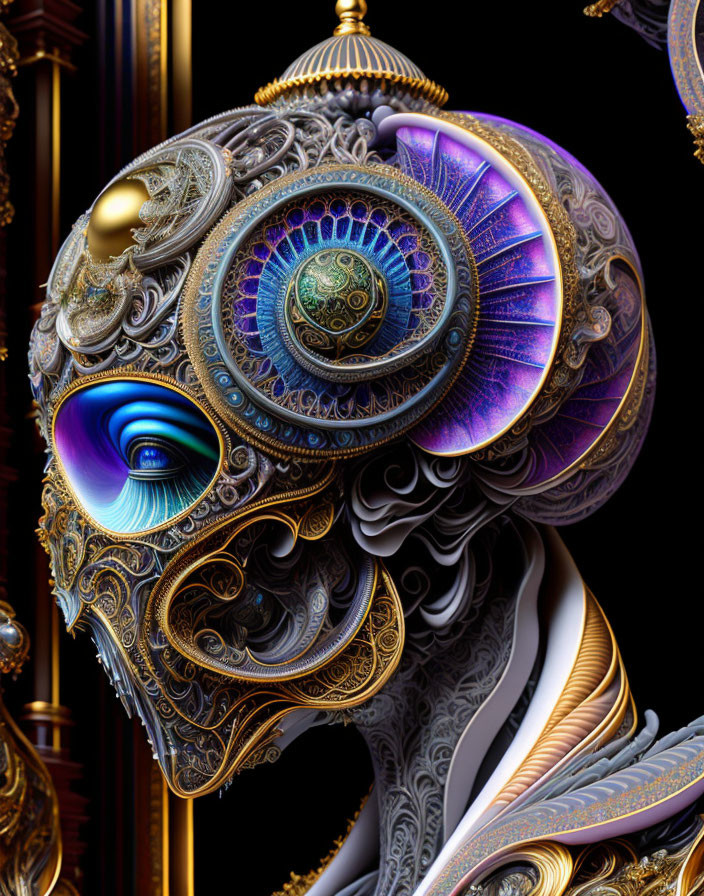 Elaborate Metallic Skull with Gold, Silver, and Purple Designs