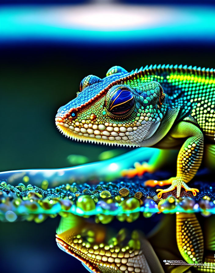 Detailed Close-Up Image of Vibrant Gecko on Branch with Bokeh Effect