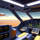 Jet cockpit view with buttons, screens, and cloudy sky scene.