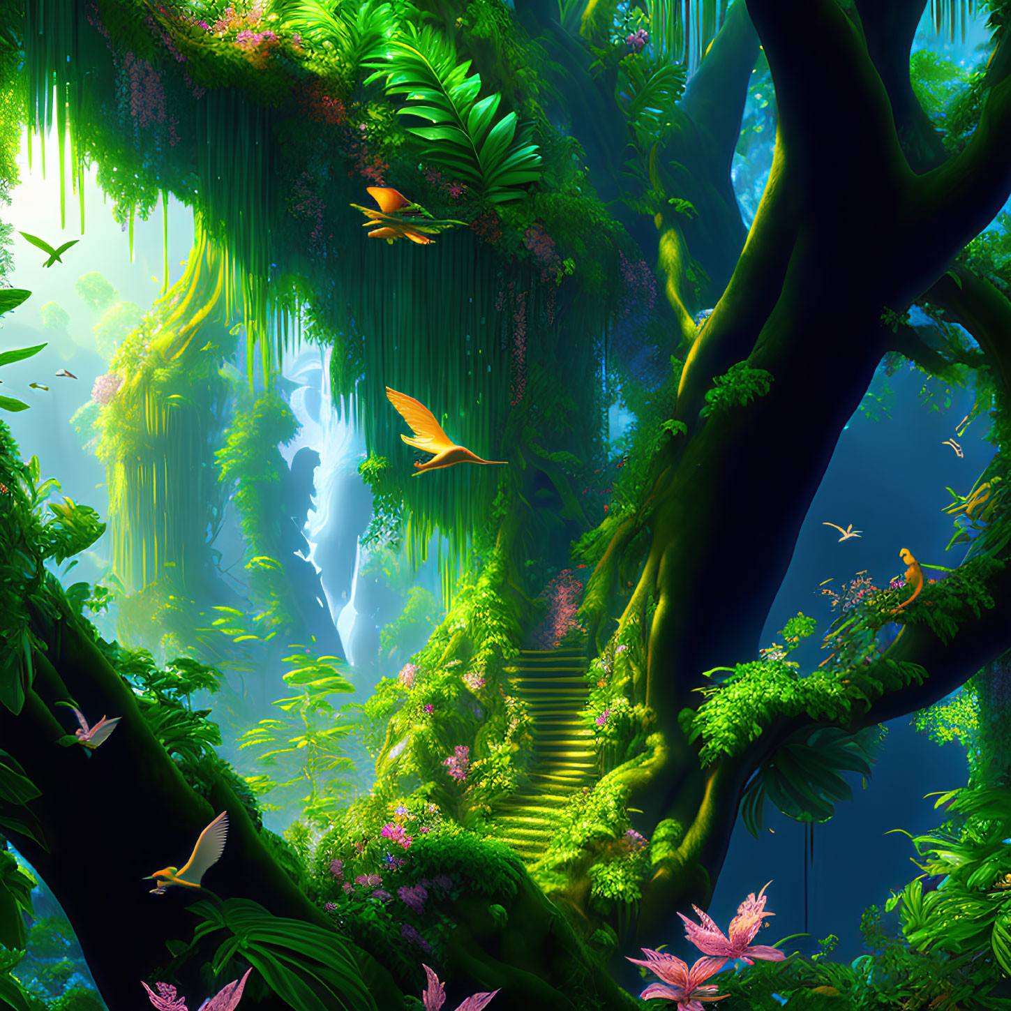 Enchanting forest scene with lush green foliage and birds in flight