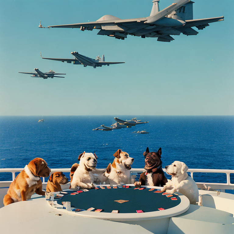Dogs Playing Poker on Ship with Fighter Jets in Blue Sky