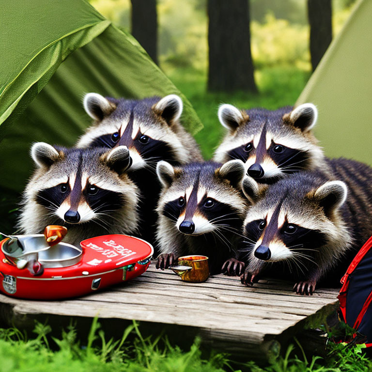 Raccoons with compass near camping tent