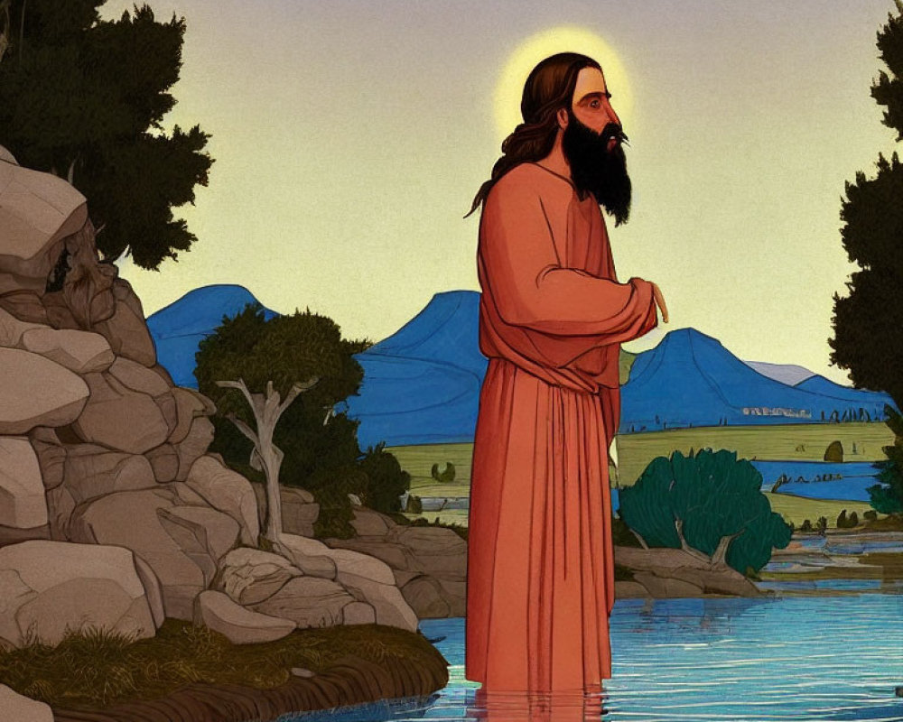 Bearded Figure with Halo in Robes by Water at Dusk or Dawn