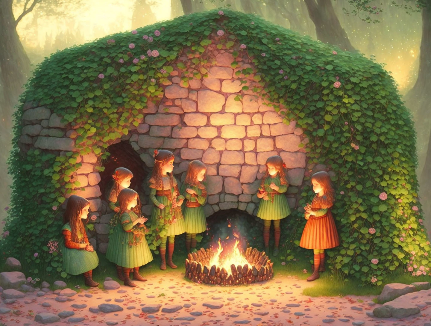 Seven elf-like characters in magical forest around bonfire by stone house