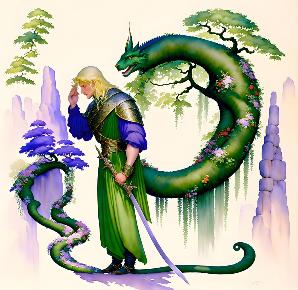 Blonde elf in green and gold armor with green dragon in a pastel setting