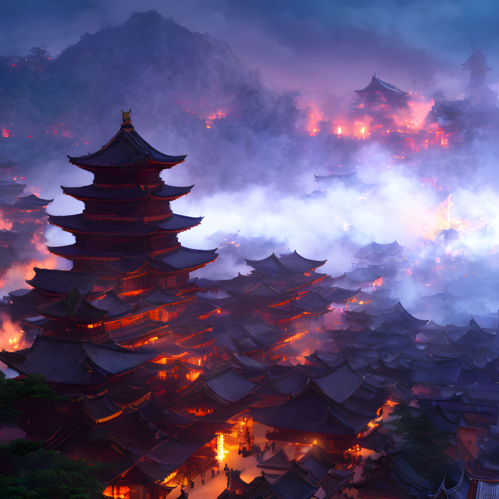 Ancient Asian town with tiered pagodas, red lanterns, fog, and mountain backdrop