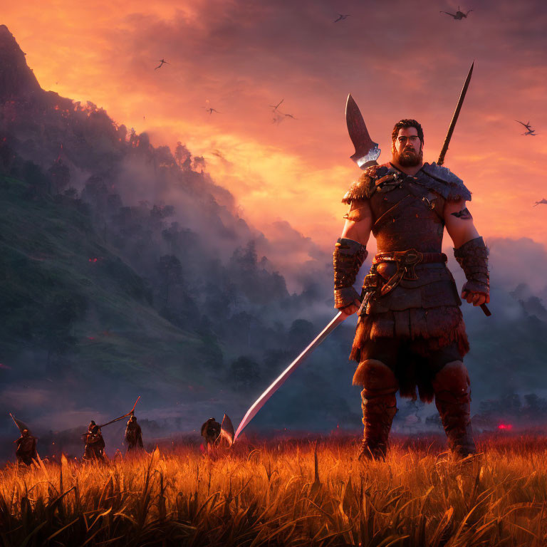 Warrior with sword in sunset field amidst soldiers and flying arrows