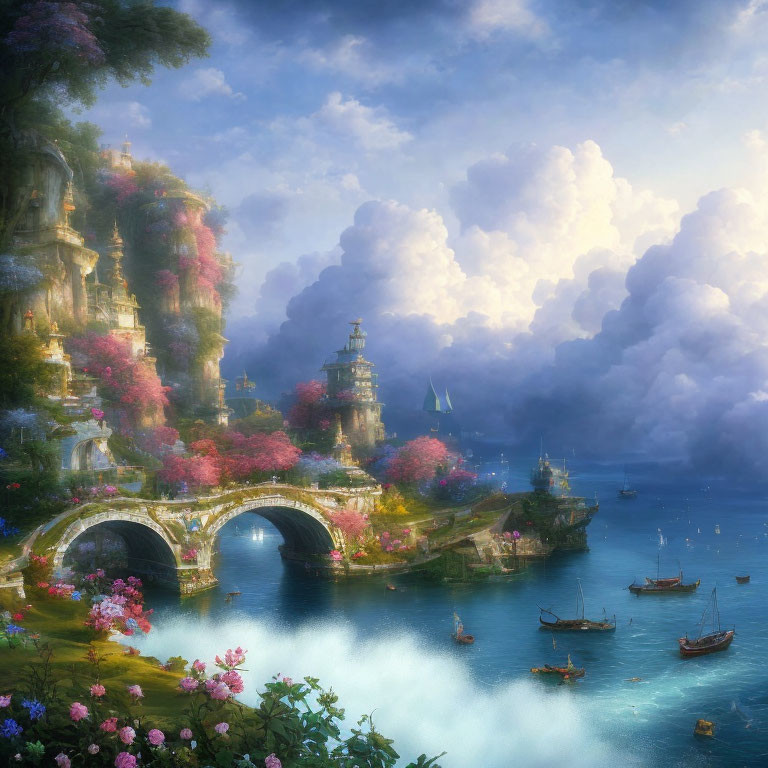 Tranquil Fantasy Landscape with Stone Bridge and Vibrant Flora