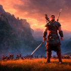 Warrior with sword in sunset field amidst soldiers and flying arrows