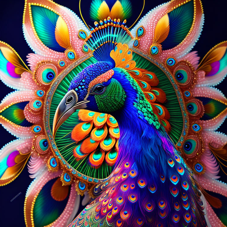 Colorful Peacock Digital Artwork with Rainbow Feathers