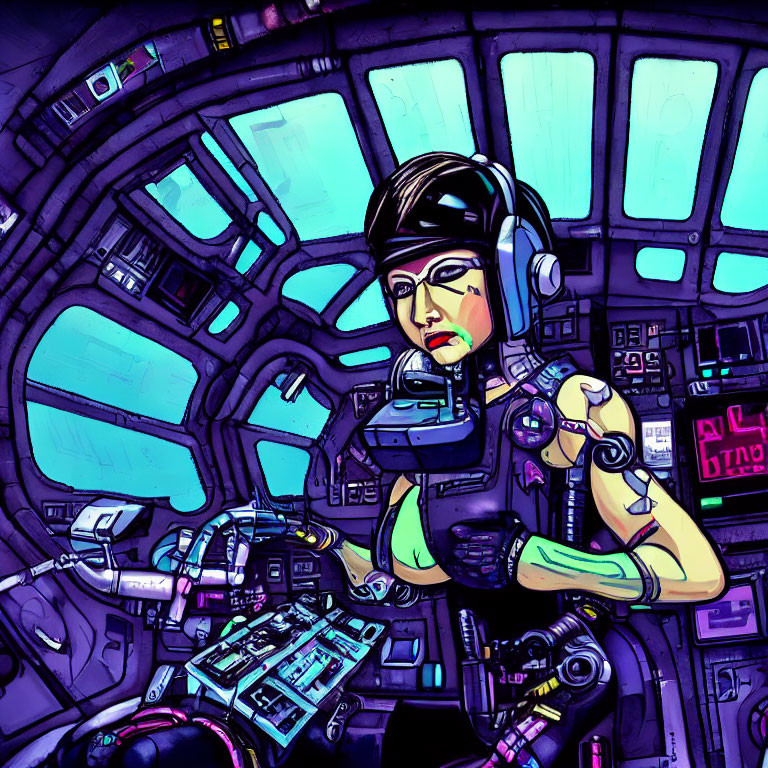 Vibrant cybernetic woman piloting spacecraft with futuristic control panel