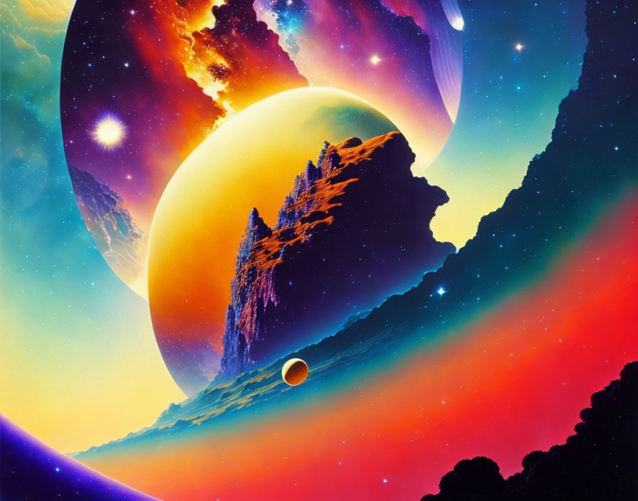 Colorful Sci-Fi Landscape with Mountains, Nebulae, and Stars