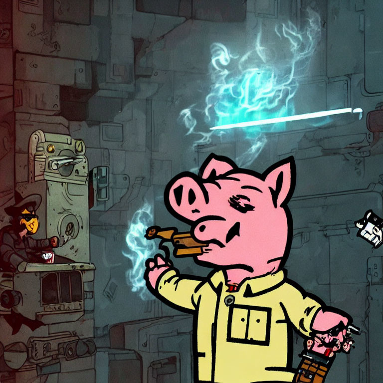 Anthropomorphic pig in yellow outfit with cigar, blue weapon, graffiti-covered walls