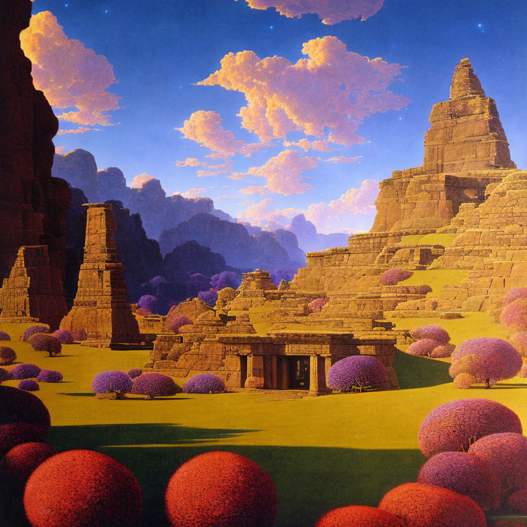 Vibrant purple spherical trees in surreal landscape with ancient ruins under deep blue sky.