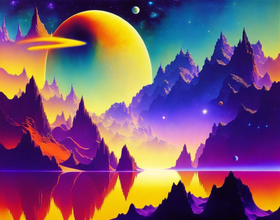 Colorful sci-fi landscape: sharp mountains, reflective water, colorful planets, starlit cosmic horizon.