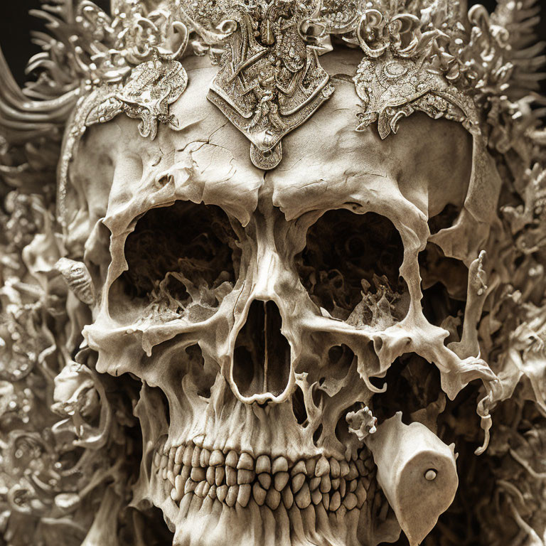 Detailed Skull Sculpture with Ornate Filigree and Floral Motifs