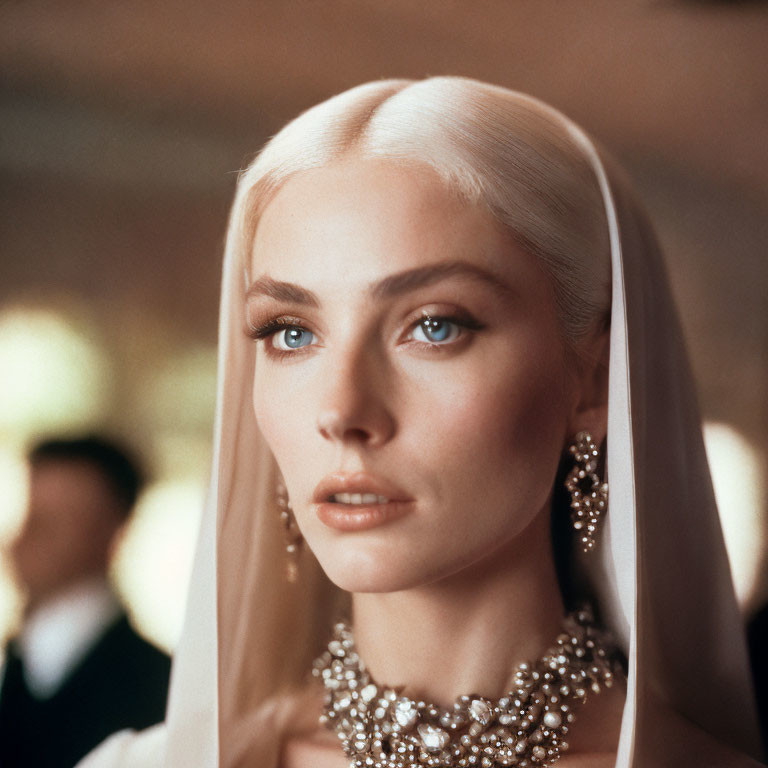 Platinum Blonde Woman with Blue Eyes and Diamond Jewelry