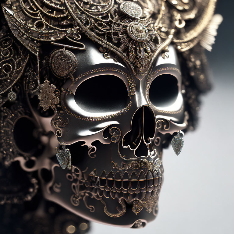 Ornate Black and Gold Skull with Filigree Patterns and Jewels on Grey Background