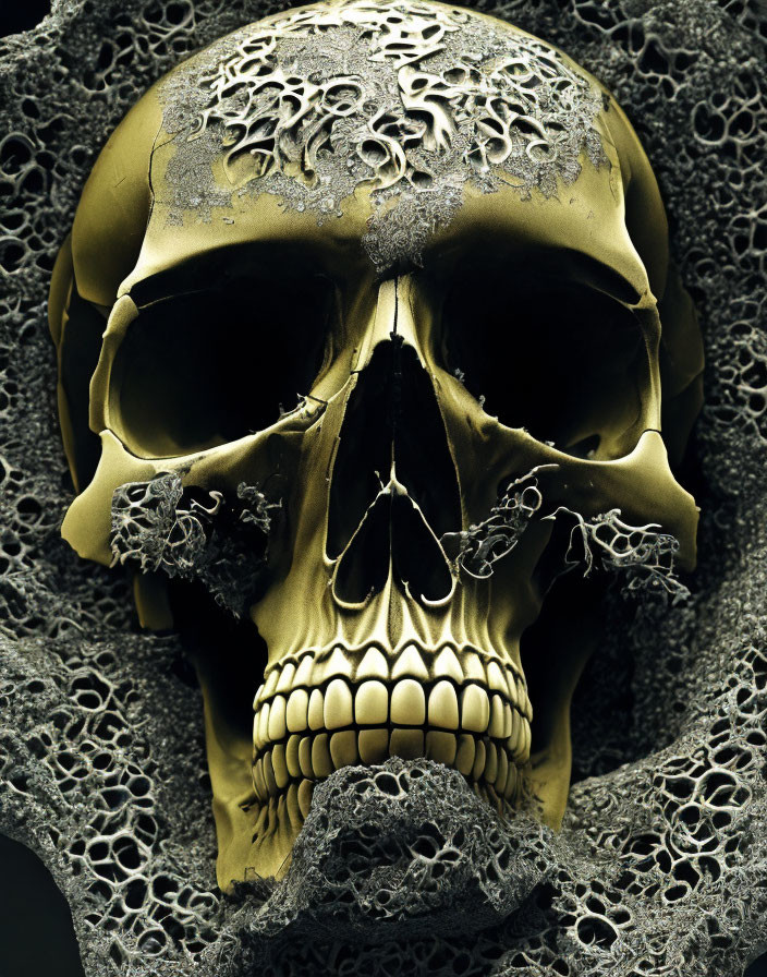 Golden Skull with Intricate Metallic Lace-Like Embellishments