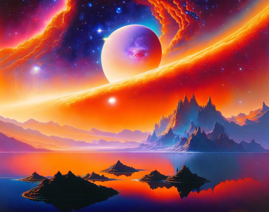 Sci-fi landscape with fiery nebulae, moon, mountains, and reflective lake