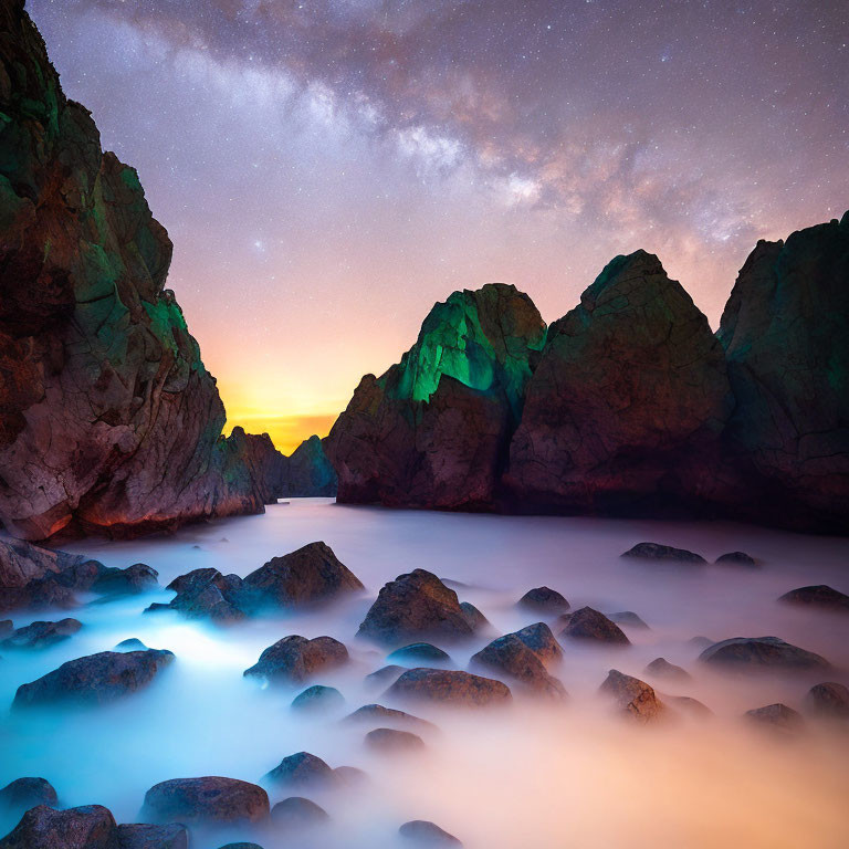 Starry sky over rugged cliffs and misty cove at sunset
