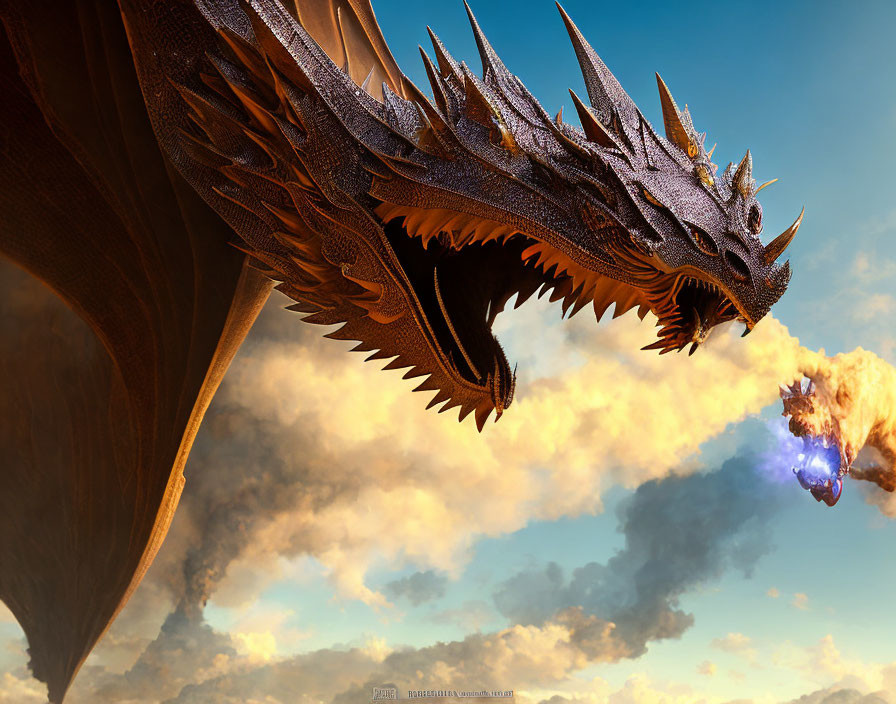 Dark-scaled dragon roars amidst fiery breath in dramatic sky
