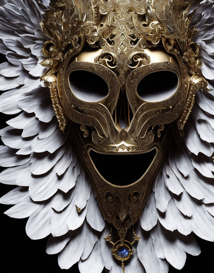 Golden mask with sapphire centerpiece and white feathers on black background