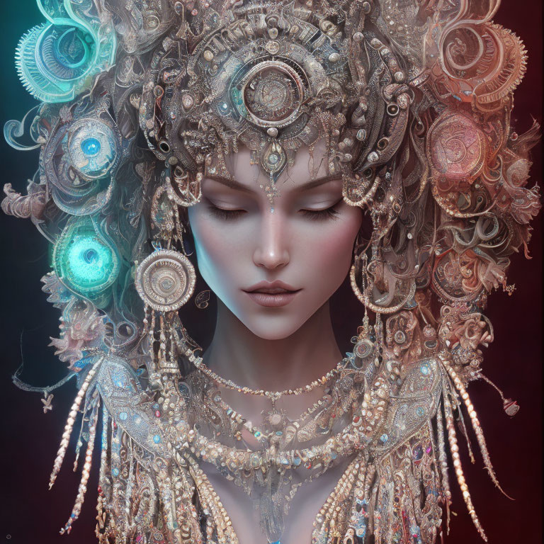Woman with closed eyes in steampunk metallic headdress.